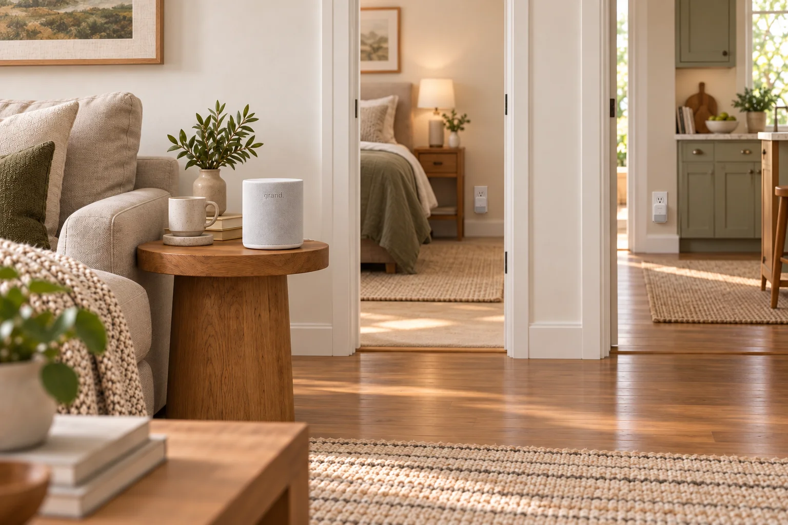 A living room with the Grand hub on a side table beside the sofa, one Grand sensor in a bedroom outlet through the doorway, and another in the kitchen beyond.