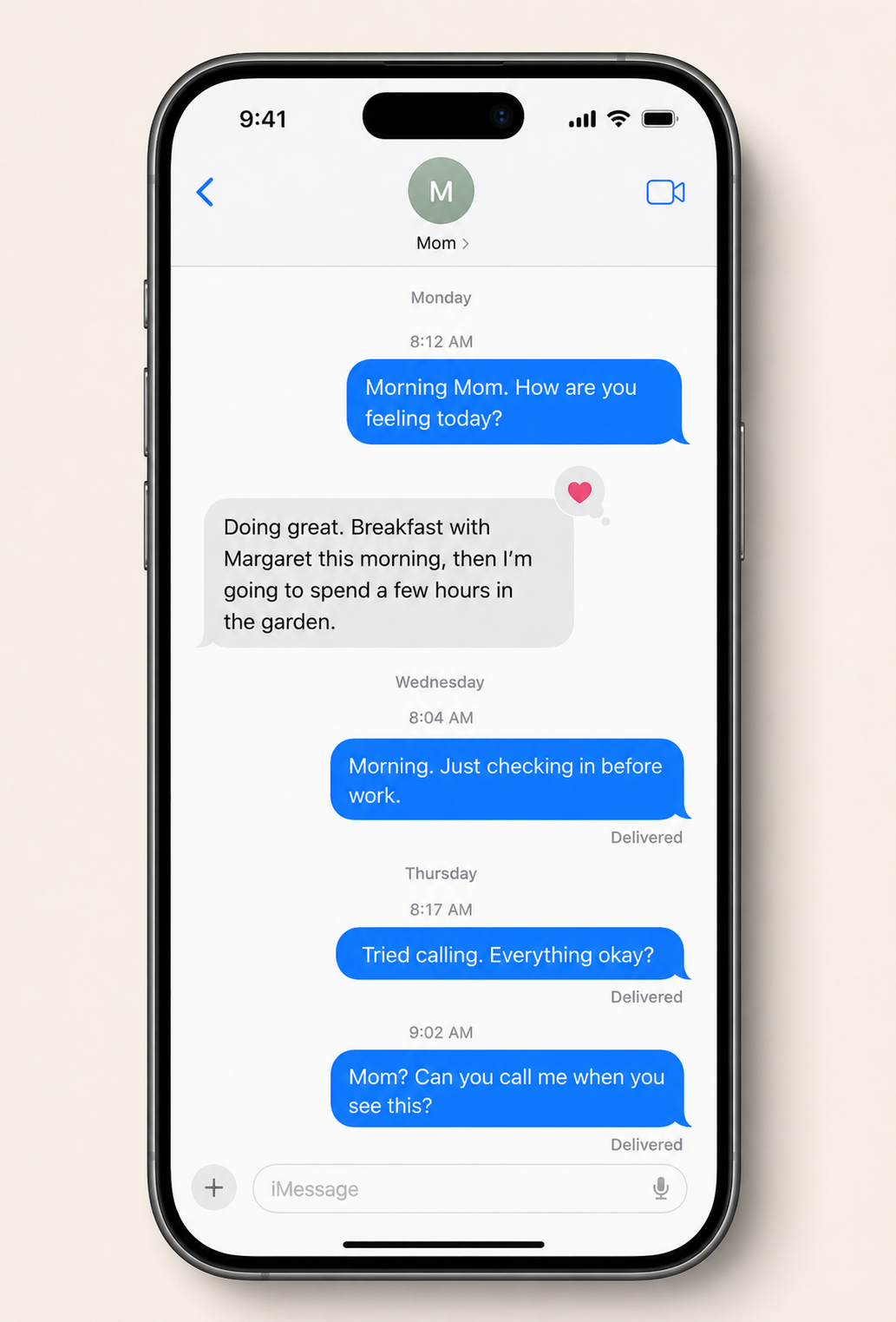 An iPhone Messages conversation with Mom showing a Monday reply, then Wednesday and Thursday messages marked delivered without replies.