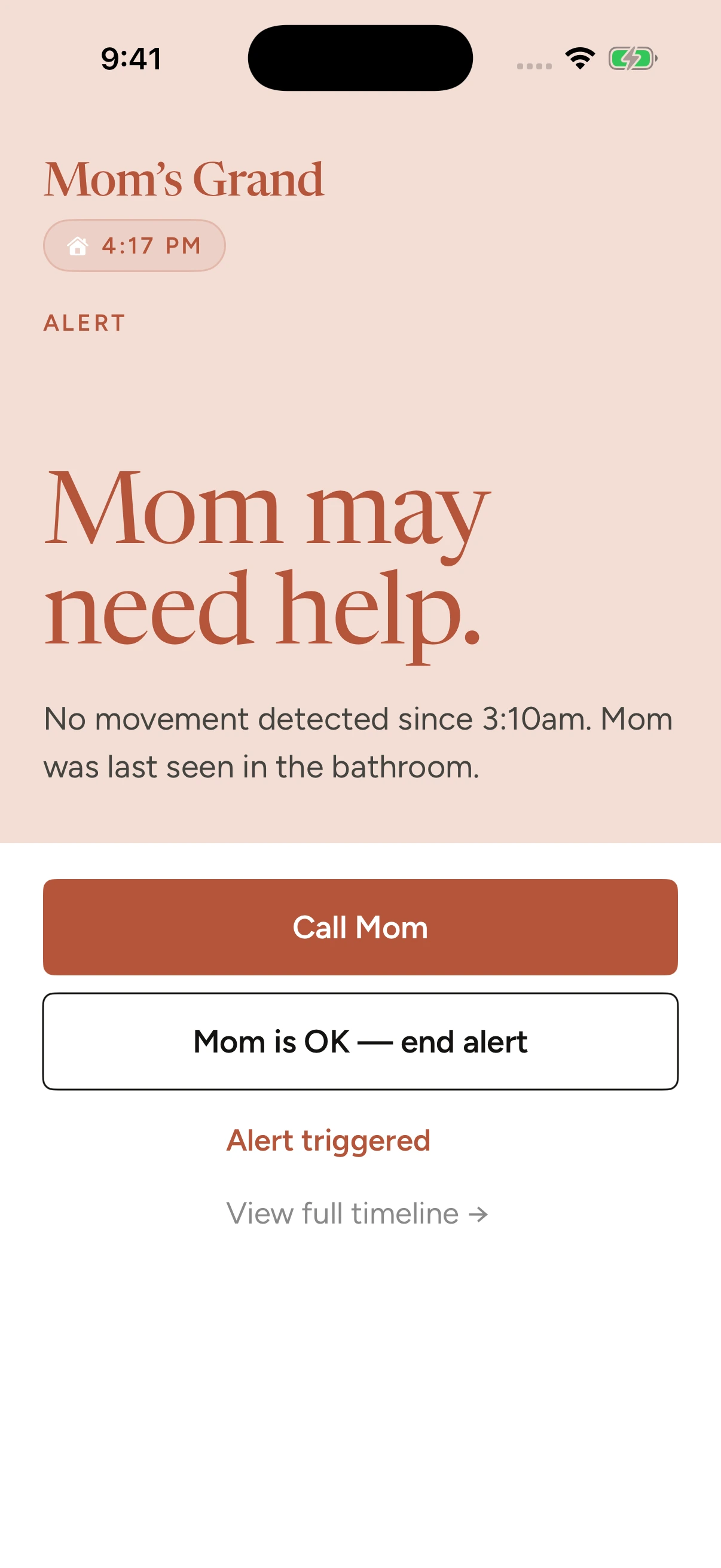 Grand iOS alert screen showing that Mom may need help, with an action to call her.