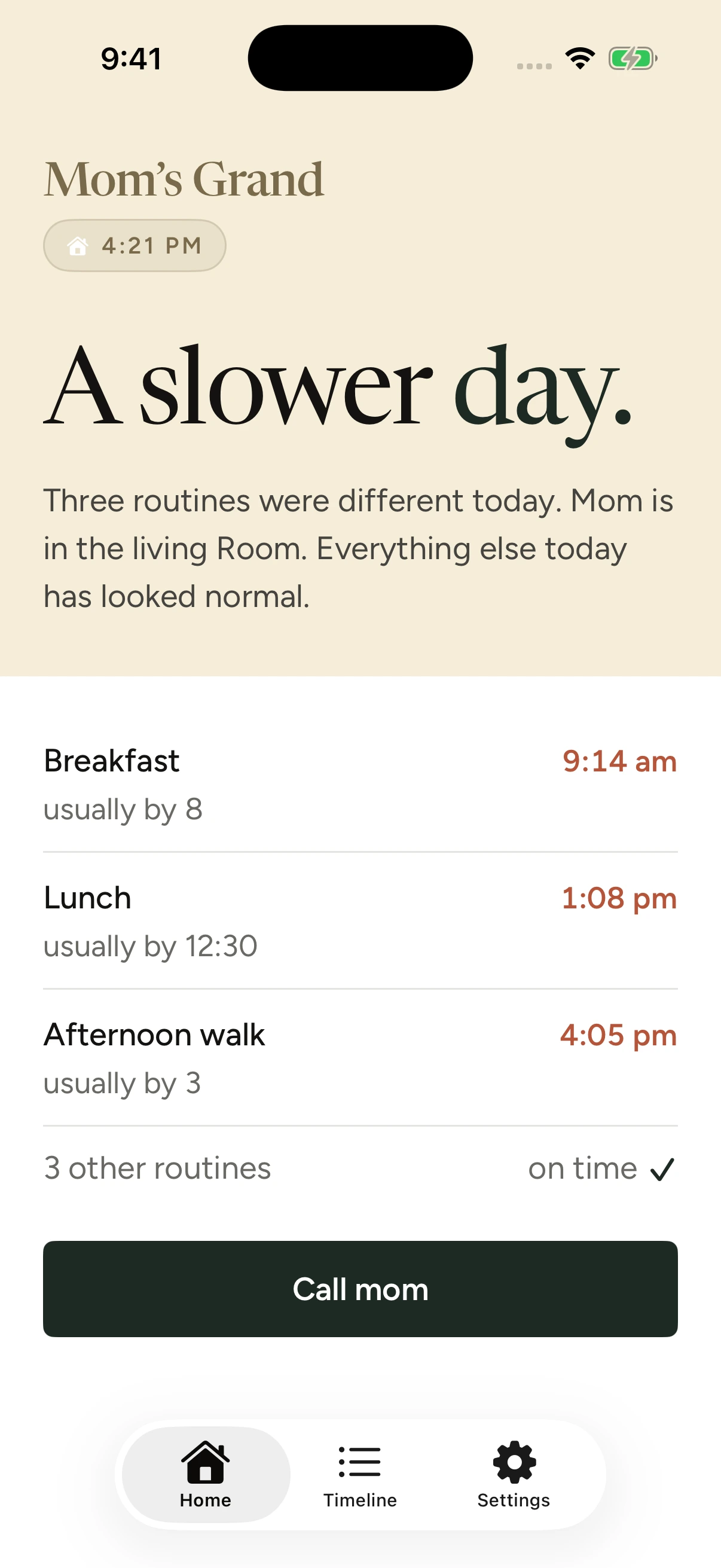 Grand iOS deviation screen showing a slower day for Mom, with three routines later than usual.