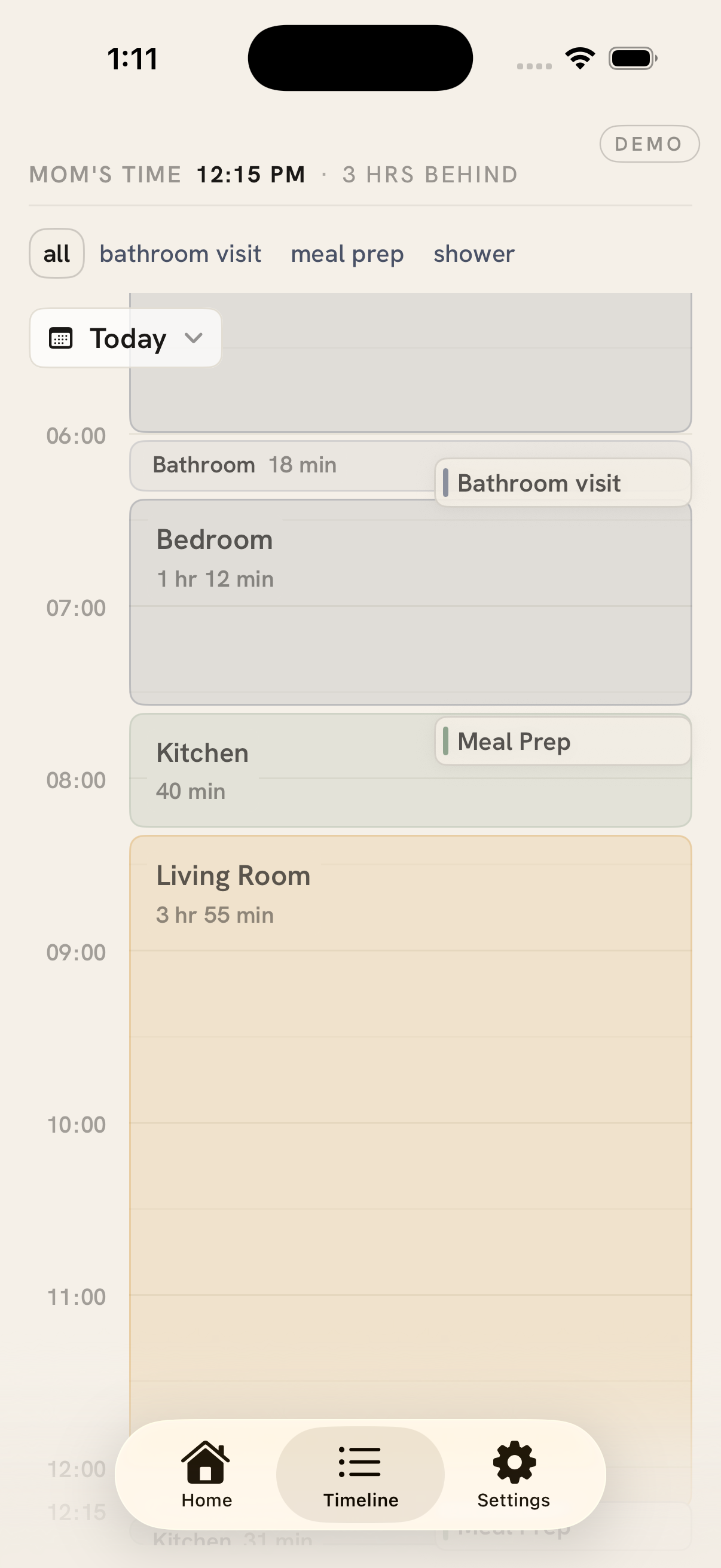 Grand iOS timeline screen showing Mom's daily activity across rooms and routines.